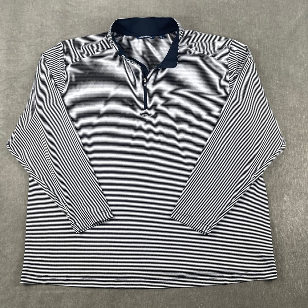 Cutter & Buck Men 2XB Blue Striped Pullover Quarter Zip Performance Top